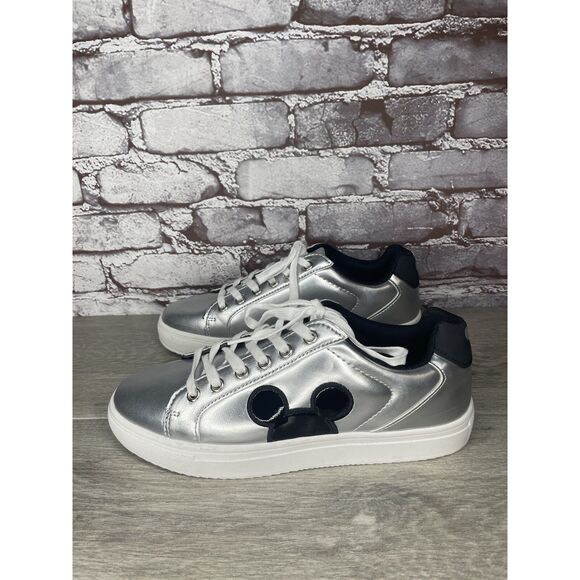 Disney Mickey Mouse Silver Metallic Textile Lace Up Low Sneakers Women Sz 10M US - Picture 1 of 16
